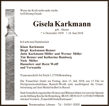 Traueranzeige von Gisela Karkmann von SYK