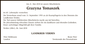 Traueranzeige von Grazyna Tomaszek von SYK