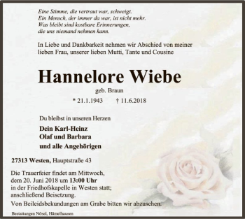 Traueranzeige von Hannelore Wiebe von SYK