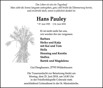 Traueranzeige von Hans Pauley von SYK