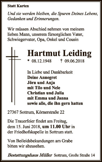 Traueranzeige von Hartmut Leiding von SYK