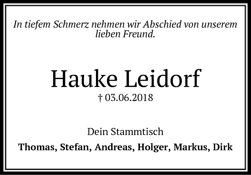  Traueranzeige für Hauke Leidorf vom 09.06.2018 aus SYK