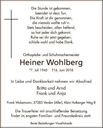 Traueranzeige von Heiner Wohlberg von SYK