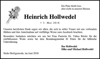 Traueranzeige von Heinrich Hollwedel von SYK