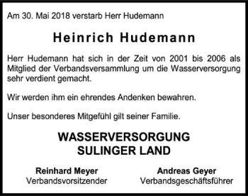 Traueranzeige von Heinrich Hudemann von SYK