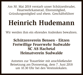 Traueranzeige von Heinrich Hudemann von SYK