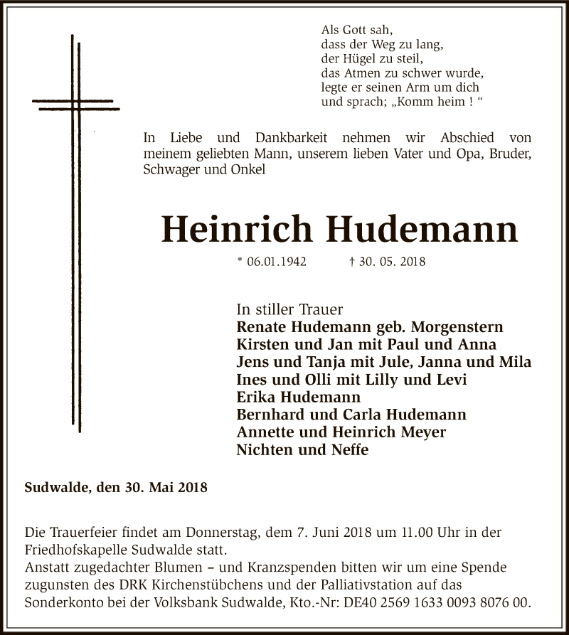  Traueranzeige für Heinrich Hudemann vom 02.06.2018 aus SYK
