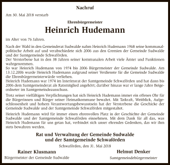 Traueranzeige von Heinrich Hudemann von SYK