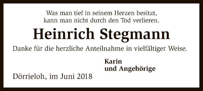  Traueranzeige für Heinrich Stegmann vom 23.06.2018 aus SYK