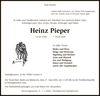 Traueranzeige von Heinz Pieper von SYK