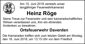 Traueranzeige von Heinz Röge von SYK