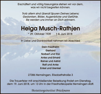 Traueranzeige von Helga Musch-Rathjen von SYK