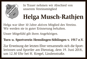 Traueranzeige von Helga Musch-Rathjen von SYK