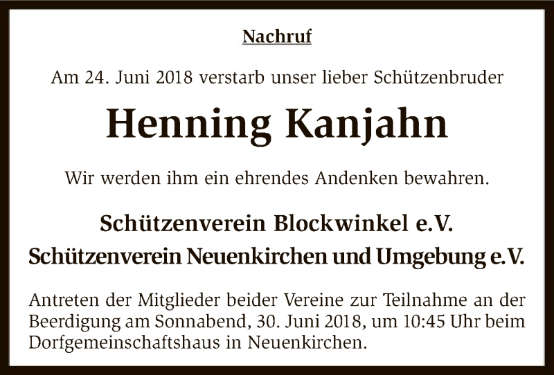  Traueranzeige für Henning Kanjahn vom 29.06.2018 aus SYK