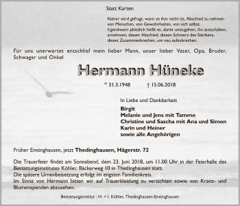 Traueranzeige von Hermann Hüneke von SYK