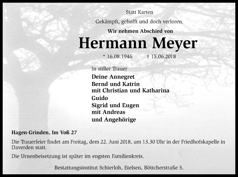 Traueranzeige für Hermann Meyer vom 18.06.2018 aus SYK