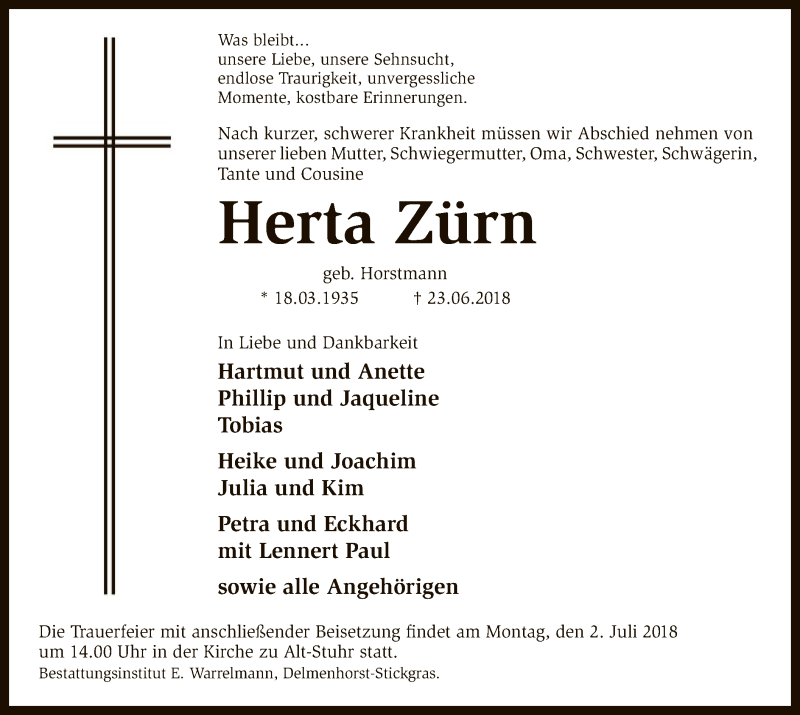  Traueranzeige für Herta Zürn vom 27.06.2018 aus SYK