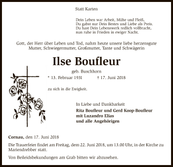 Traueranzeige von Ilse Boufleur von SYK