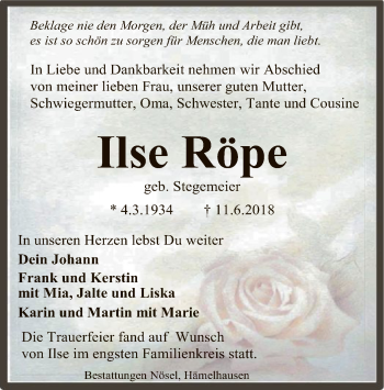 Traueranzeige von Ilse Röpe von SYK