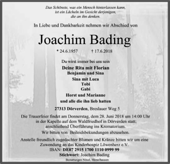 Traueranzeige von Joachim Bading von SYK