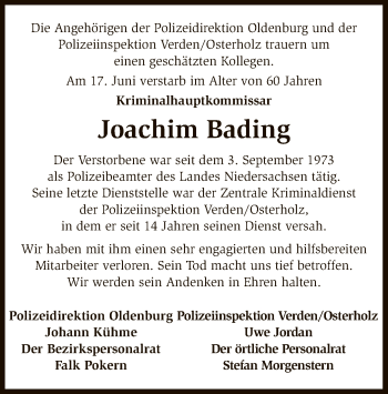 Traueranzeige von Joachim Bading von SYK
