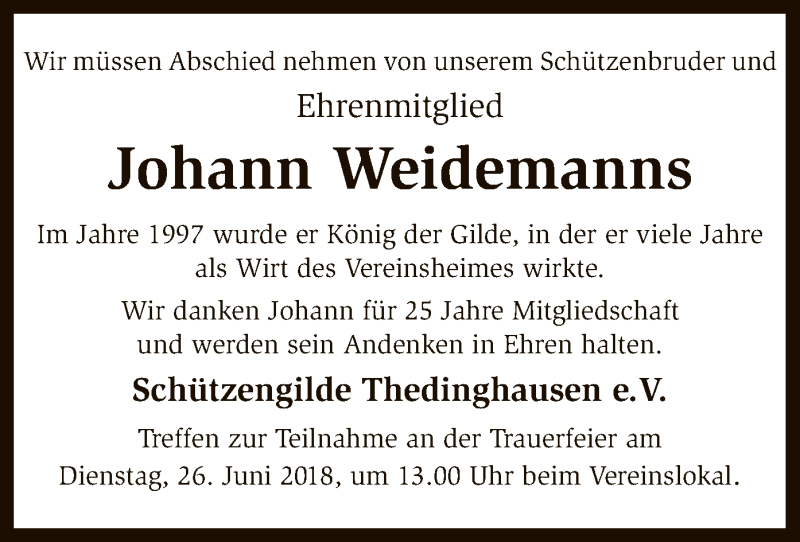  Traueranzeige für Johann Weidemanns vom 23.06.2018 aus SYK