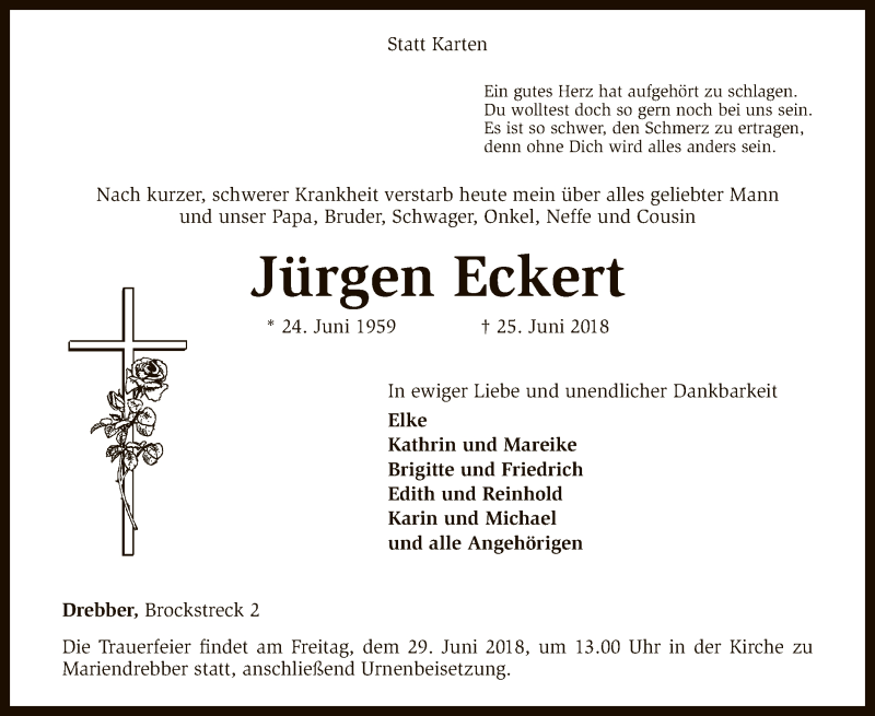  Traueranzeige für Jürgen Eckert vom 27.06.2018 aus SYK