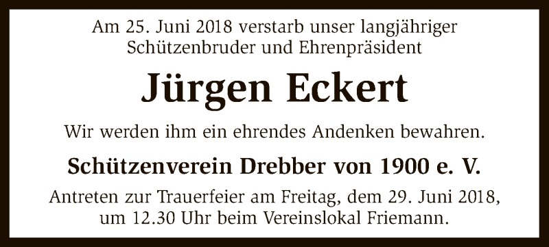  Traueranzeige für Jürgen Eckert vom 28.06.2018 aus SYK