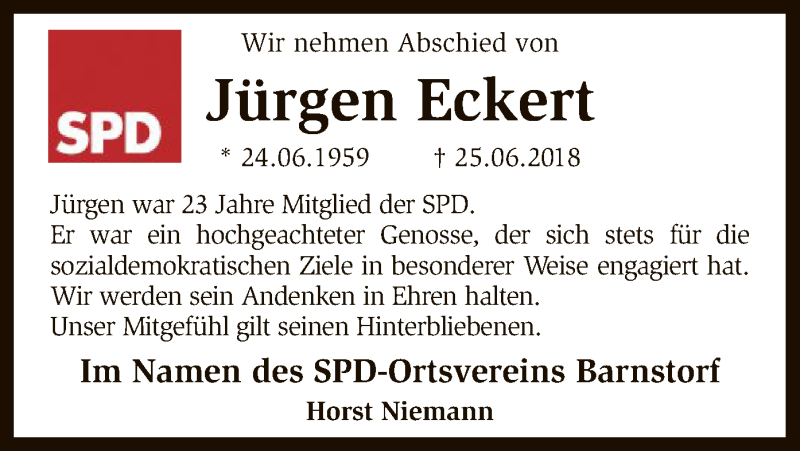  Traueranzeige für Jürgen Eckert vom 28.06.2018 aus SYK