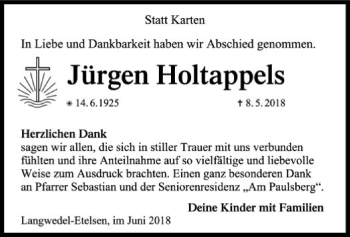 Traueranzeige von Jürgen Holtappels von SYK