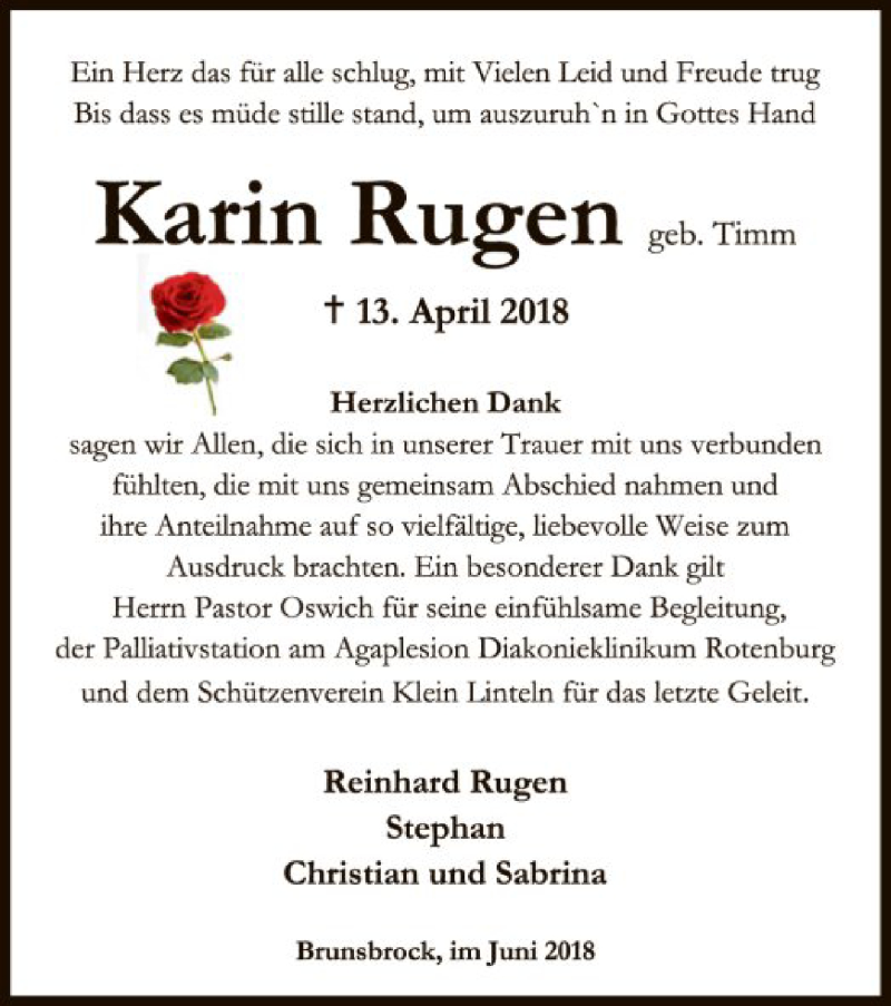  Traueranzeige für Karin Rugen vom 16.06.2018 aus SYK