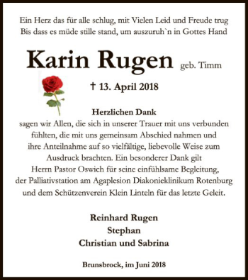 Traueranzeige von Karin Rugen von SYK