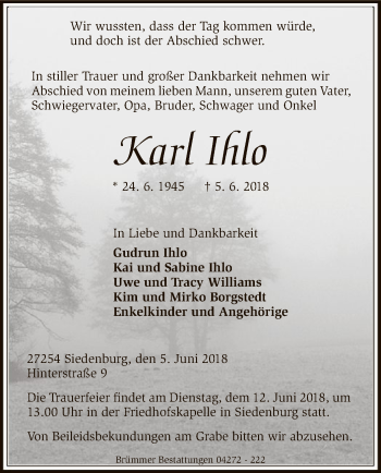 Traueranzeige von Karl Ihlo von SYK