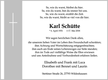 Traueranzeige von Karl Schütte von SYK