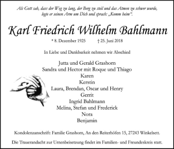 Traueranzeige von Karl Friedrich Wilhelm Bahlmann von SYK