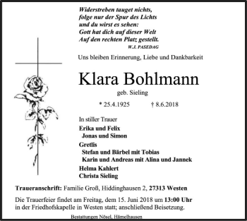 Traueranzeige von Klara Bohlmann von SYK