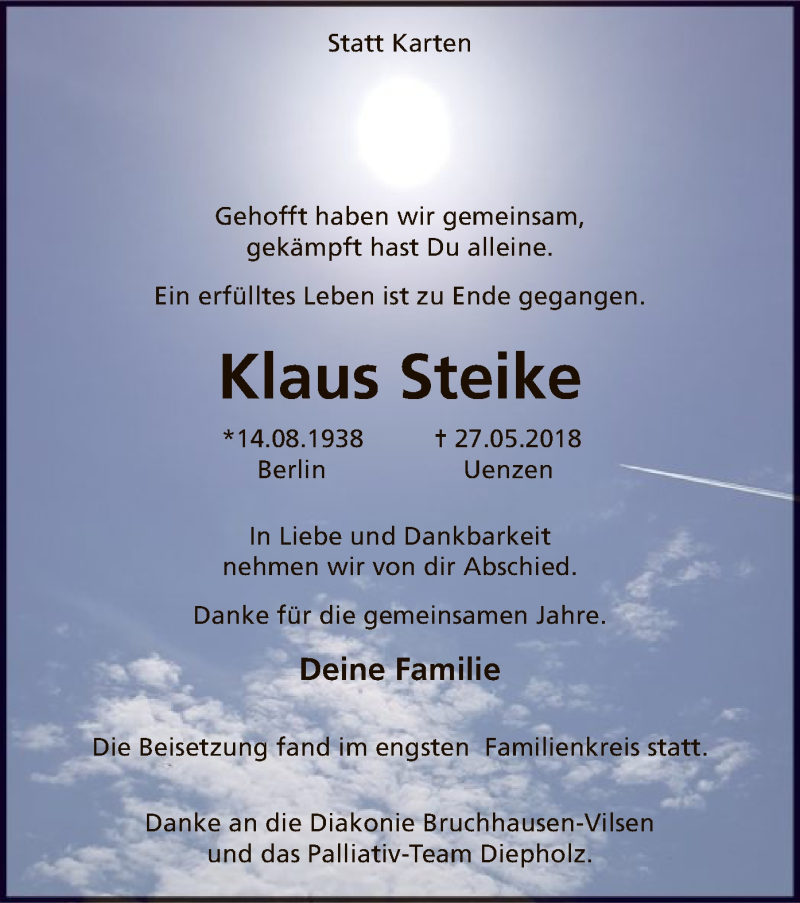  Traueranzeige für Klaus Steike vom 01.06.2018 aus SYK