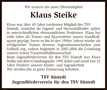 Traueranzeige von Klaus Steike von SYK