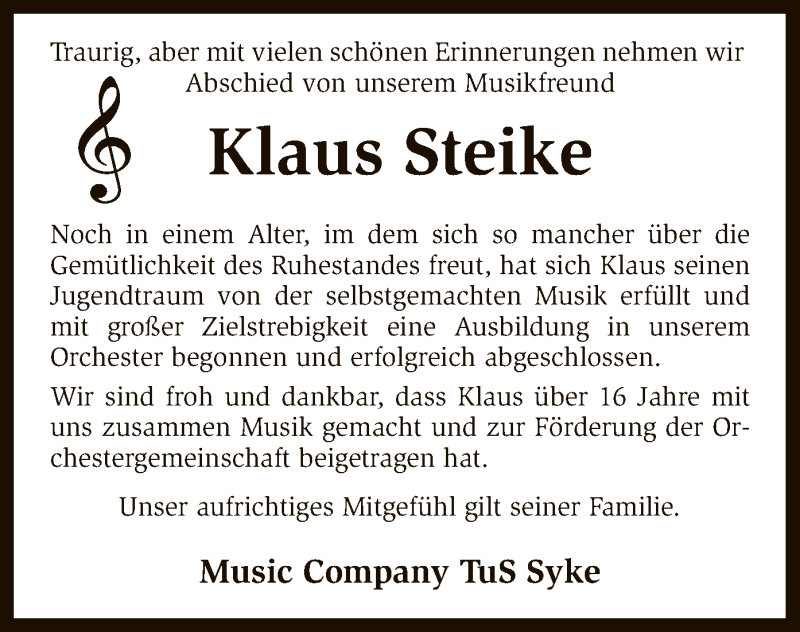  Traueranzeige für Klaus Steike vom 01.06.2018 aus SYK