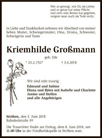 Traueranzeige von Kriemhilde Großmann von SYK