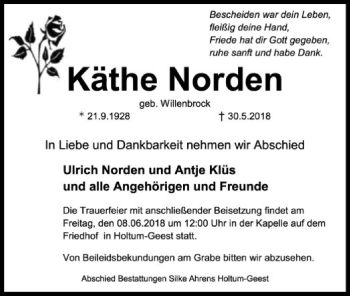 Traueranzeige von Käthe Norden von SYK