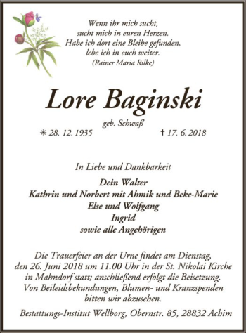 Traueranzeige von Lore Baginski von SYK