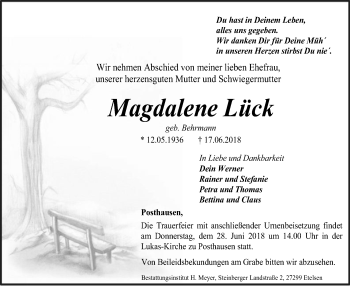 Traueranzeige von Magdalene Lück von SYK