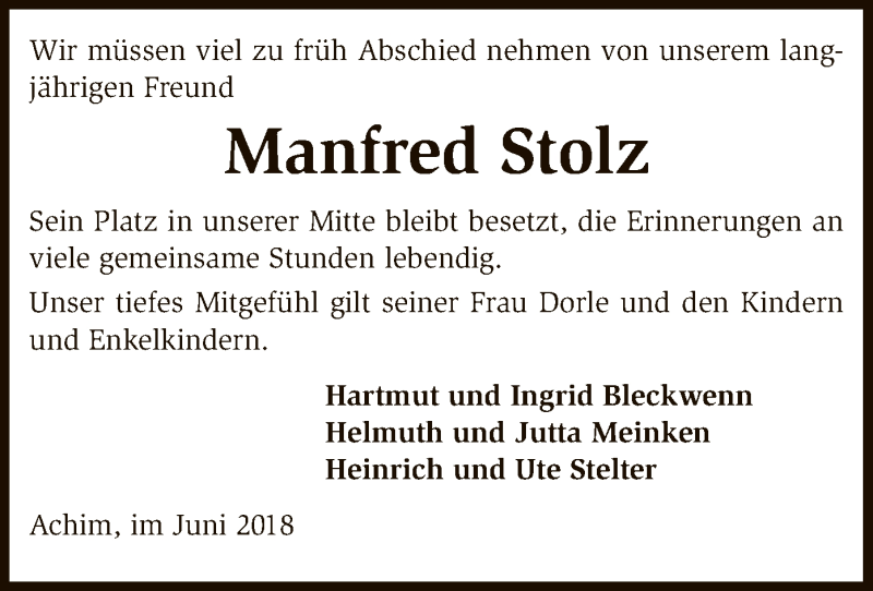  Traueranzeige für Manfred Stolz vom 16.06.2018 aus SYK