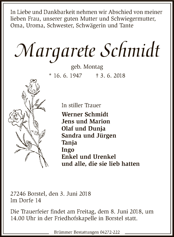  Traueranzeige für Margarete Schmidt vom 05.06.2018 aus SYK