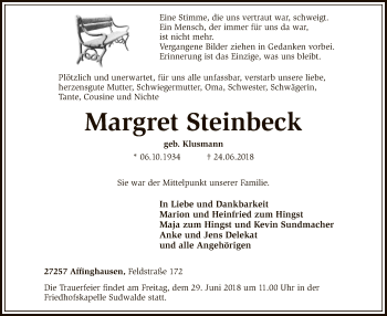 Traueranzeige von Margret Steinbeck von SYK