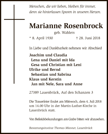 Traueranzeige von Marianne Rosenbrock von SYK