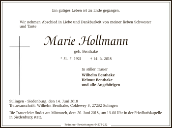 Traueranzeige von Marie Hohirnann von SYK