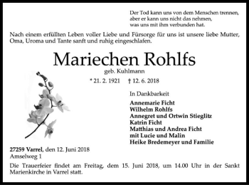 Traueranzeige von Mariechen Rohlfs von SYK