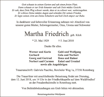 Traueranzeige von Martha Friedrich von SYK